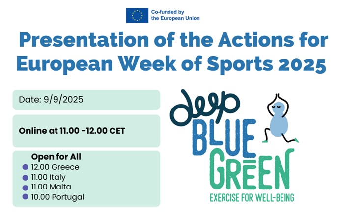 09 setembro, 10h-11h - Semana Europeia do Desporto 2025: Apresentação das ações «Deep Blue Green» em quatro países